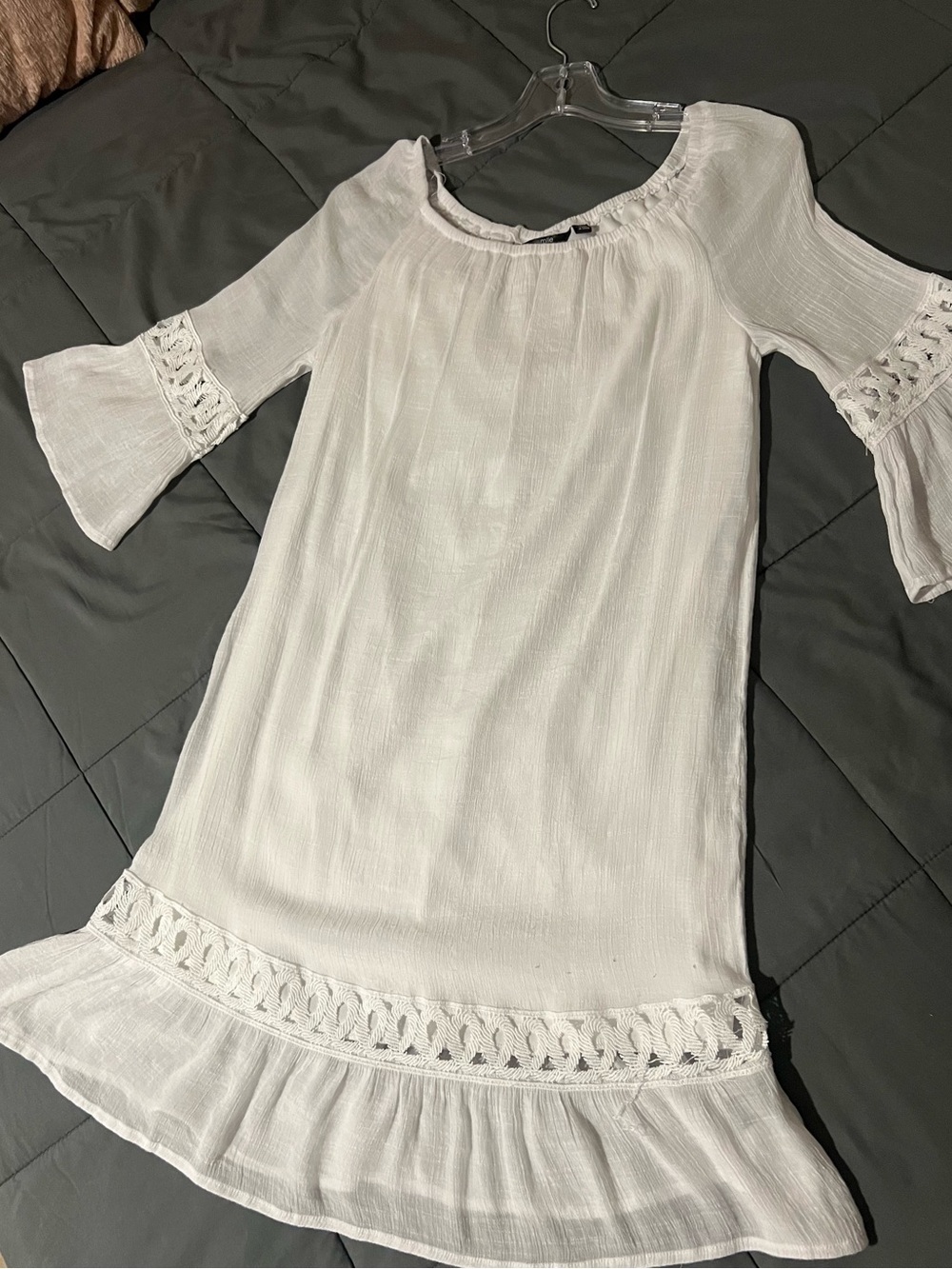 Mlle Gabrielle White Off-Shoulder Crochet-Trim Tunic Dress